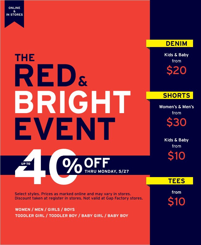 the red bright & blue event up to 40% off thru monday, 5/27
