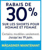 rabais de 30% sur les shorts pour homme et femme. certains mod&egrave;les seulement. jusqu'au 19 juin. magasiner maintenant
