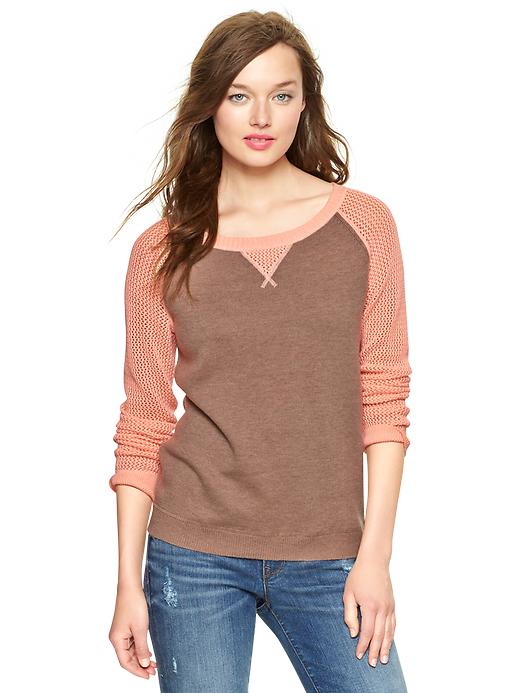 View large product image 1 of 1. Mesh-sleeve colorblock sweater