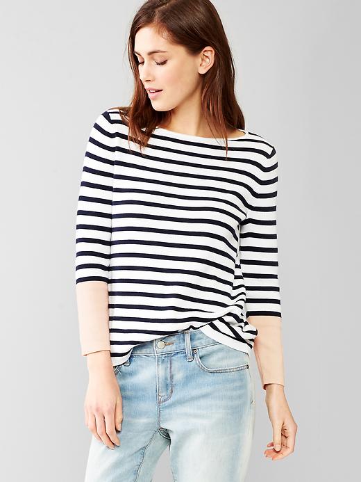 Image number 1 showing, Stripe boatneck A-line sweater