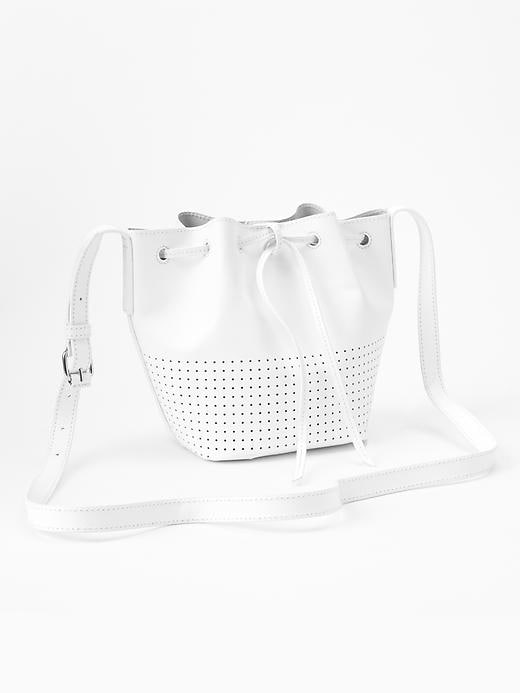 View large product image 1 of 3. Perforated leather drawstring bucket bag