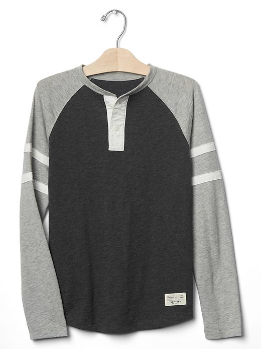 View large product image 1 of 1. Striped sleeve henley tee