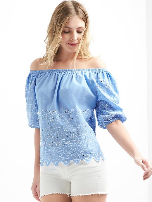 View large product image 1 of 1. Off-shoulder embroidered paisley top
