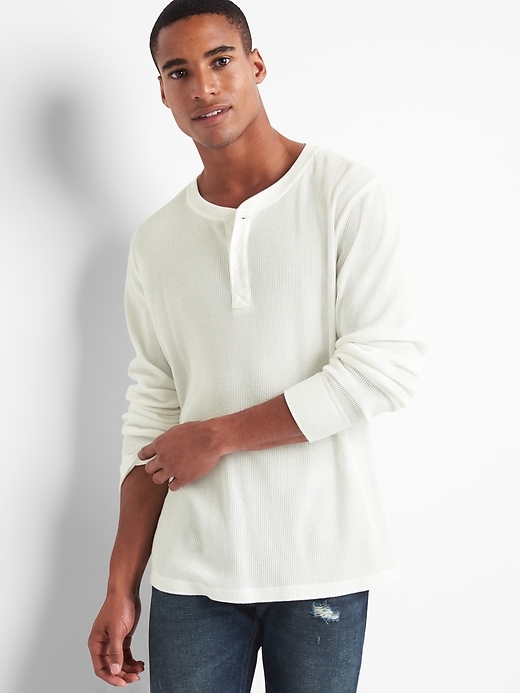 View large product image 1 of 1. Garment-dye waffle knit henley