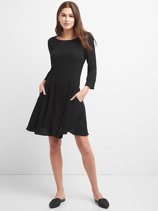 View large product image 1 of 1. Three-Quarter Length Sleeve Fit and Flare Dress in Crepe