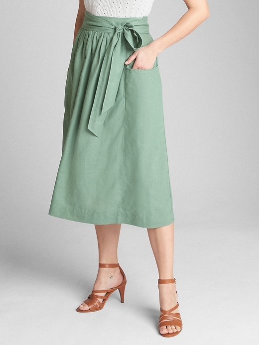 Image number 1 showing, Tie-Belt Midi Skirt in Linen-Cotton