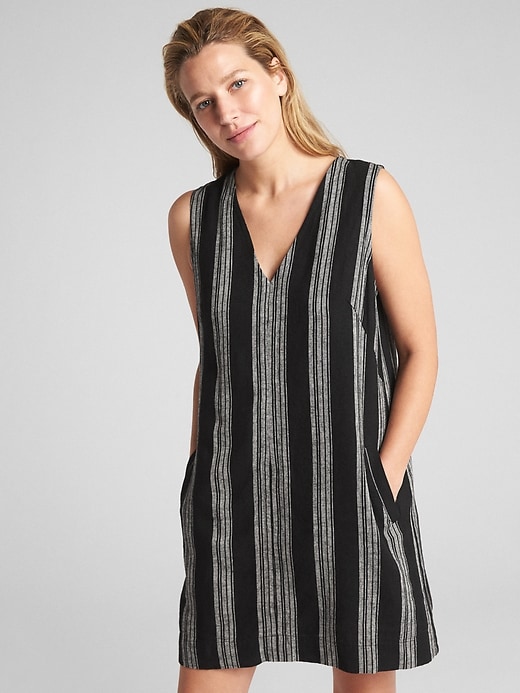 Image number 1 showing, Sleeveless V-Neck Stripe Shift Dress in Linen-Cotton