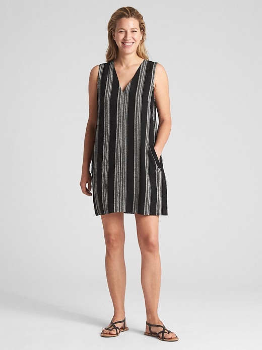 Image number 3 showing, Sleeveless V-Neck Stripe Shift Dress in Linen-Cotton