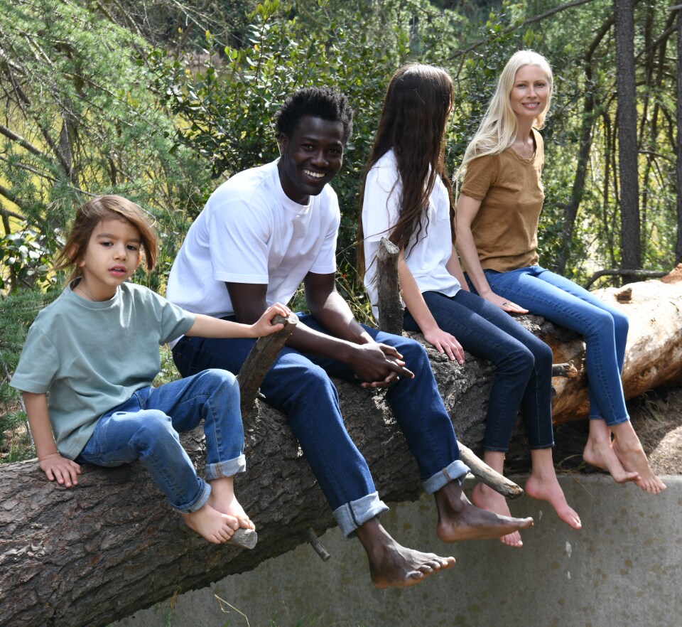 Group of young people wearing blue denim jeans sitting on a log in the woods