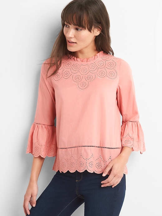 View large product image 1 of 1. Bell-sleeve eyelet top