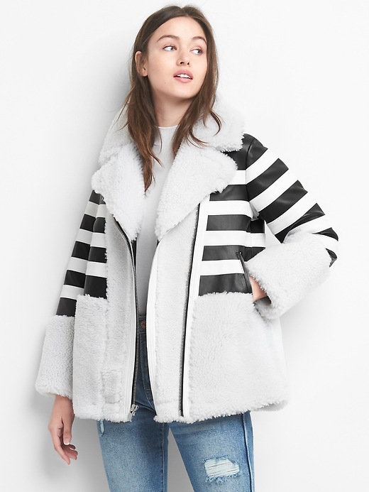 Image number 1 showing, Limited Edition leather stripe shearling coat