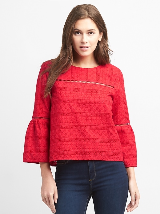 Image number 1 showing, Eyelet bell-sleeve top