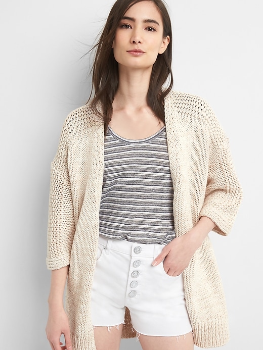 View large product image 1 of 1. Three-Quarter Sleeve Open-Front Cardigan Sweater