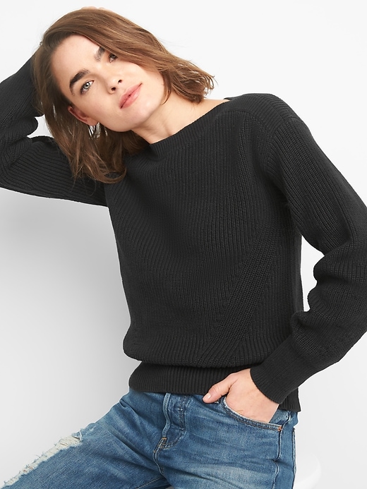 View large product image 1 of 1. Shaker Stitch Envelope Neck Sweater in Combed Cotton
