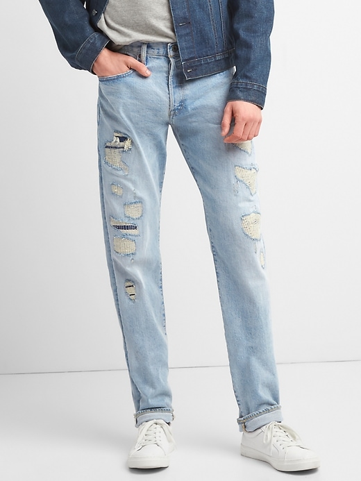 Image number 1 showing, Limited-Edition Distressed Cone Denim&#174 Selvedge Slim Jeans with GapFlex