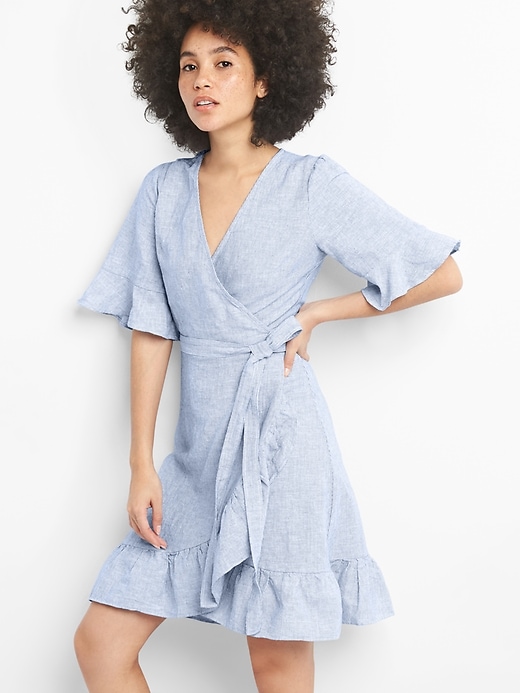 View large product image 1 of 1. Ruffle Wrap Dress in Linen-Cotton