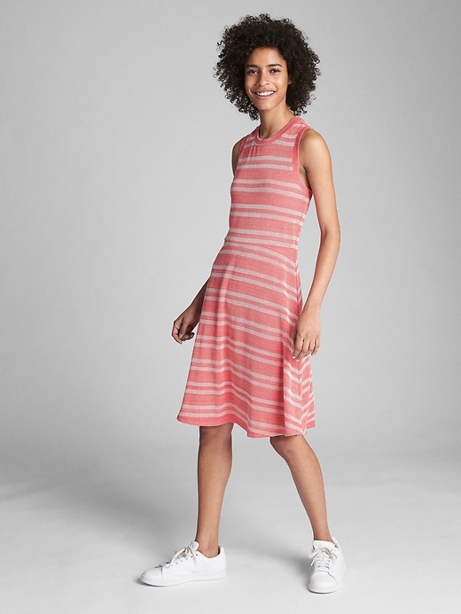 View large product image 1 of 1. Sleeveless Ribbed Stripe Fit and Flare Midi Dress