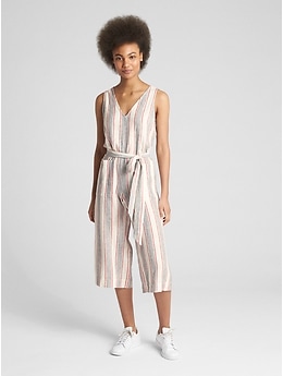 Sleeveless Tie-Belt Stripe Jumpsuit in Linen | Gap