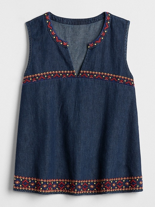Image number 6 showing, Sleeveless Embroidered Ruffle Top in Denim