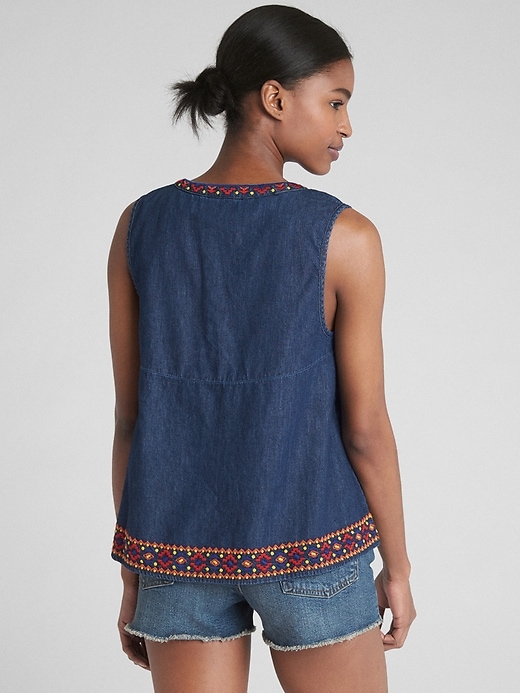 Image number 2 showing, Sleeveless Embroidered Ruffle Top in Denim