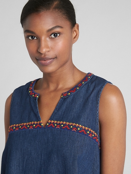 Image number 5 showing, Sleeveless Embroidered Ruffle Top in Denim