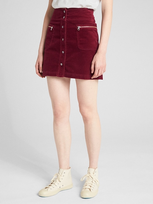 View large product image 1 of 1. High Rise Button-Front Velvet Mini Skirt