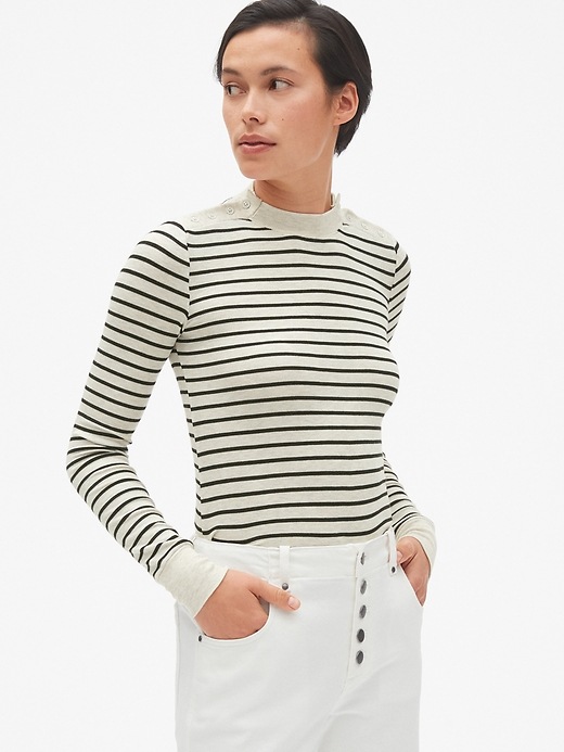 View large product image 1 of 1. Stripe Long Sleeve Button-Shoulder T-Shirt in Modal