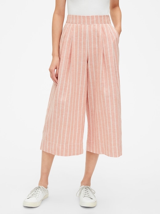 Image number 7 showing, High Rise Stripe Wide-Leg Crop Pants in Linen-Cotton