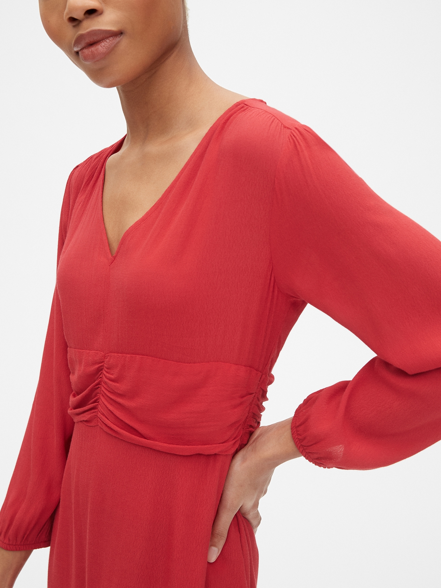 Fit and Flare Long Sleeve Ruched V-Neck Dress