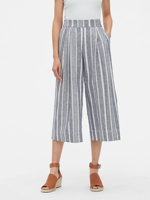 Image number 1 showing, High Rise Stripe Wide-Leg Crop Pants in Linen-Cotton