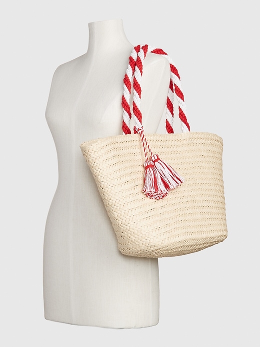 View large product image 2 of 3. Woven Straw Tassel Tote