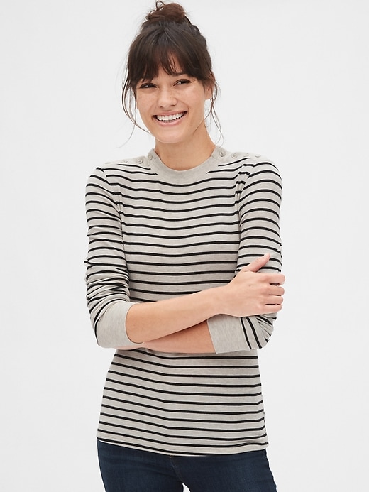 View large product image 1 of 1. Stripe Cozy Ribbed Button-Shoulder T-Shirt