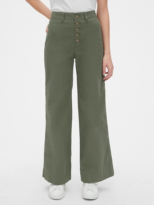 Image number 1 showing, High Rise Button-Fly Wide-Leg Chinos