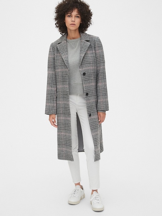 Image number 1 showing, Plaid Longline Wool-Blend Coat