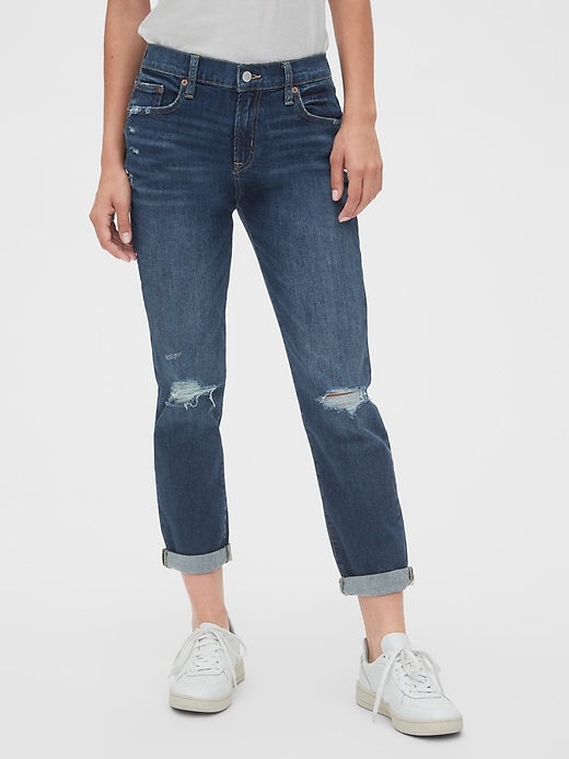 Image number 1 showing, Mid Rise Distressed Girlfriend Jeans
