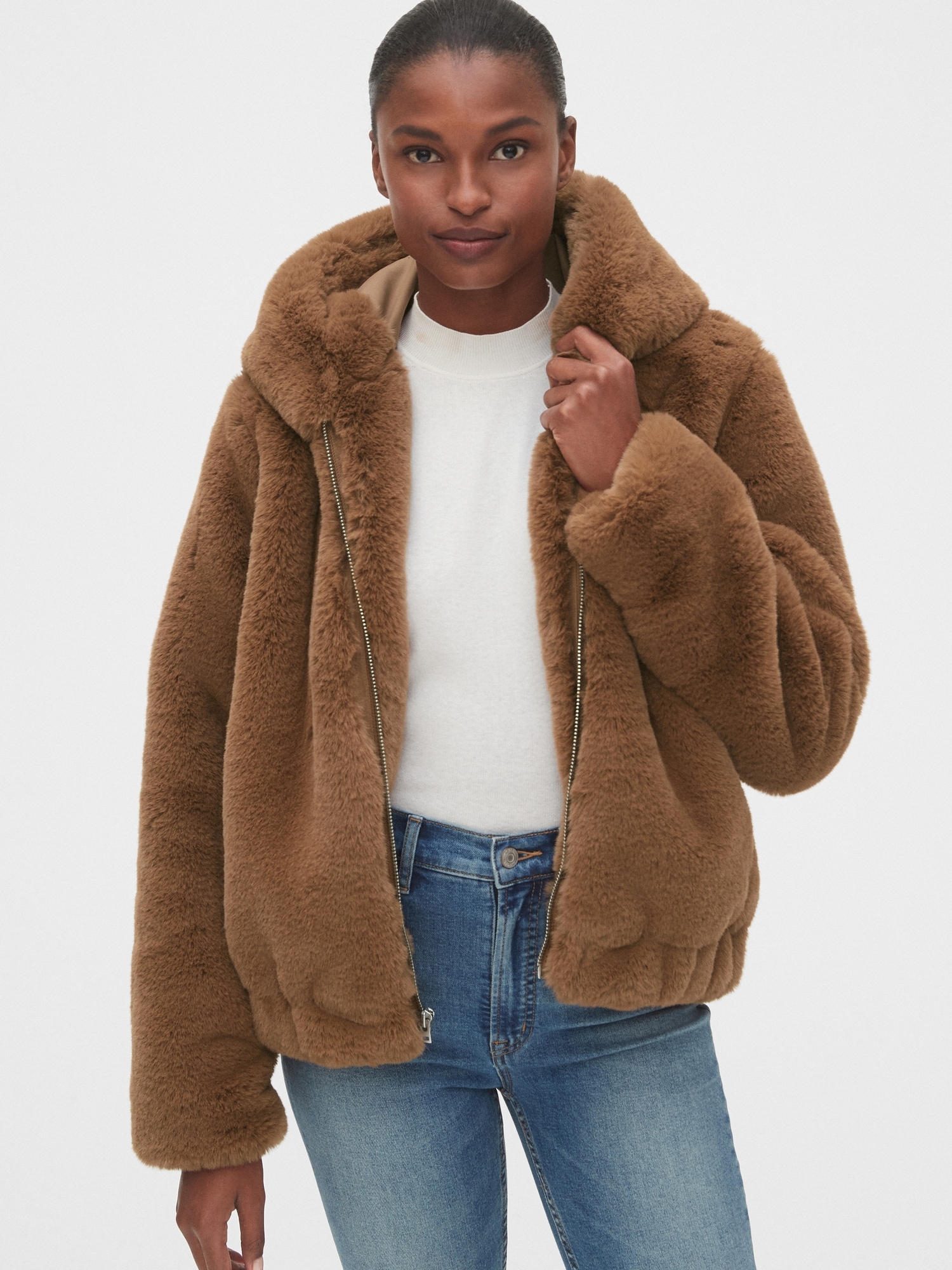 Faux fur hood coat - Woman