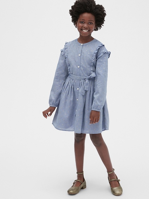 Image number 2 showing, Kids Chambray Ruffle Tie-Belt Dress