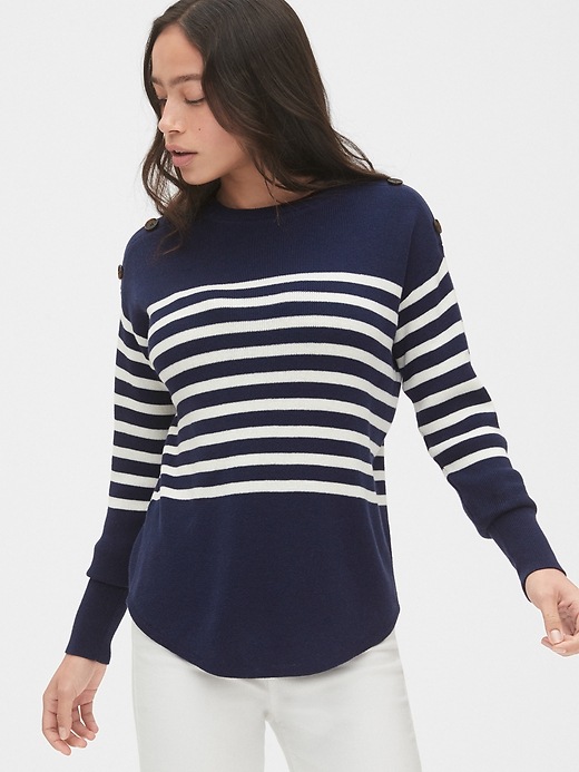 Image number 1 showing, Stripe Button Crewneck Sweater