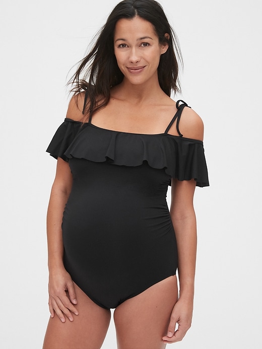Image number 1 showing, Maternity Ruffle Off-Shoulder One-Piece Suit