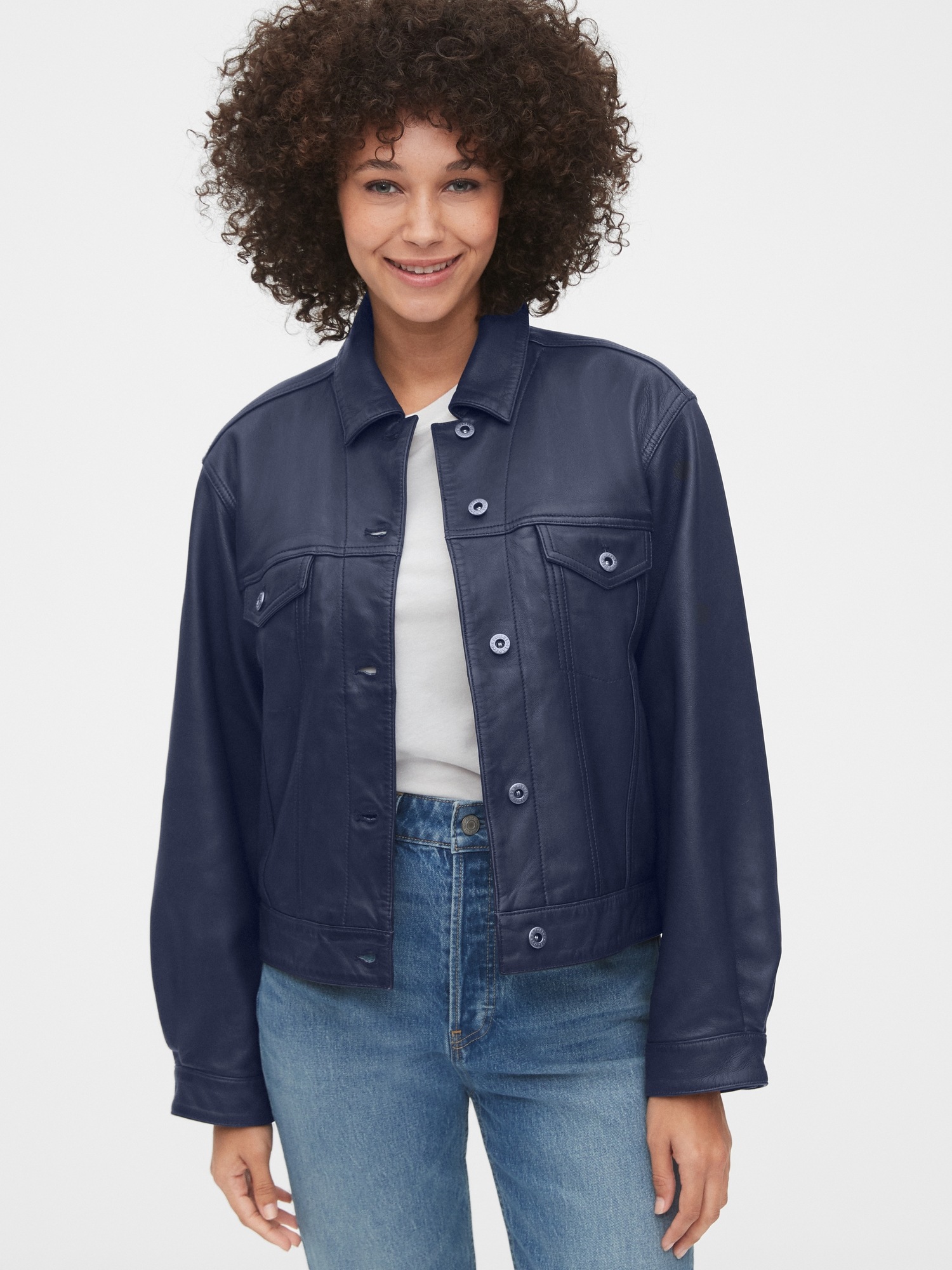 gap blue jeans leather jacket
