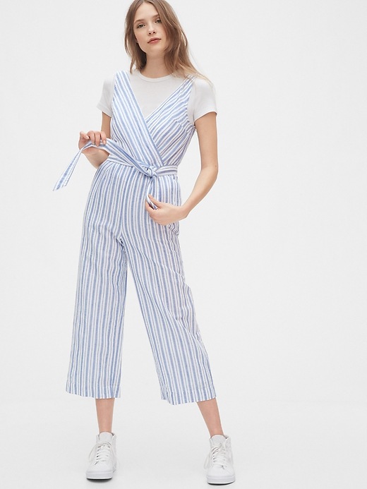 View large product image 1 of 1. Sleeveless Wrap-Front Jumpsuit in Linen-Cotton