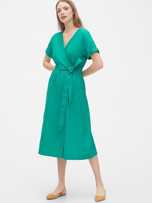 Image number 7 showing, Short Sleeve Wrap-Front Dress in Linen-Cotton