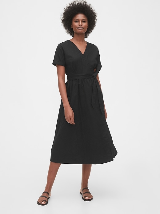Image number 3 showing, Short Sleeve Wrap-Front Dress in Linen-Cotton