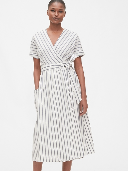 Image number 1 showing, Short Sleeve Wrap-Front Dress in Linen-Cotton