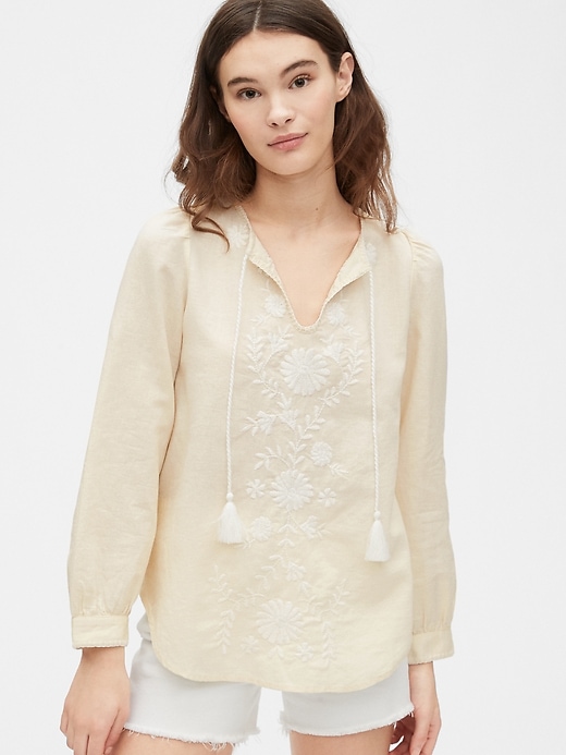 View large product image 1 of 1. Embroidered Tie-Front Top in Linen-Cotton