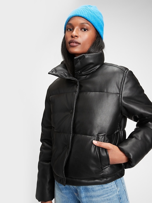 Image number 1 showing, Midweight  Faux-Leather Cropped Puffer Jacket