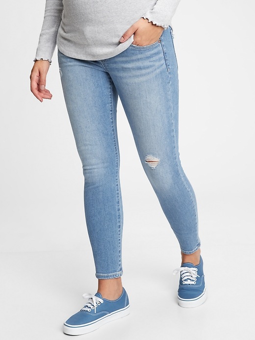 Image number 1 showing, Maternity True Waistband Full Panel Destructed Skinny Ankle Jeans
