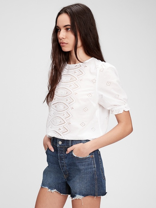 View large product image 1 of 1. Eyelet Puff Sleeve Top