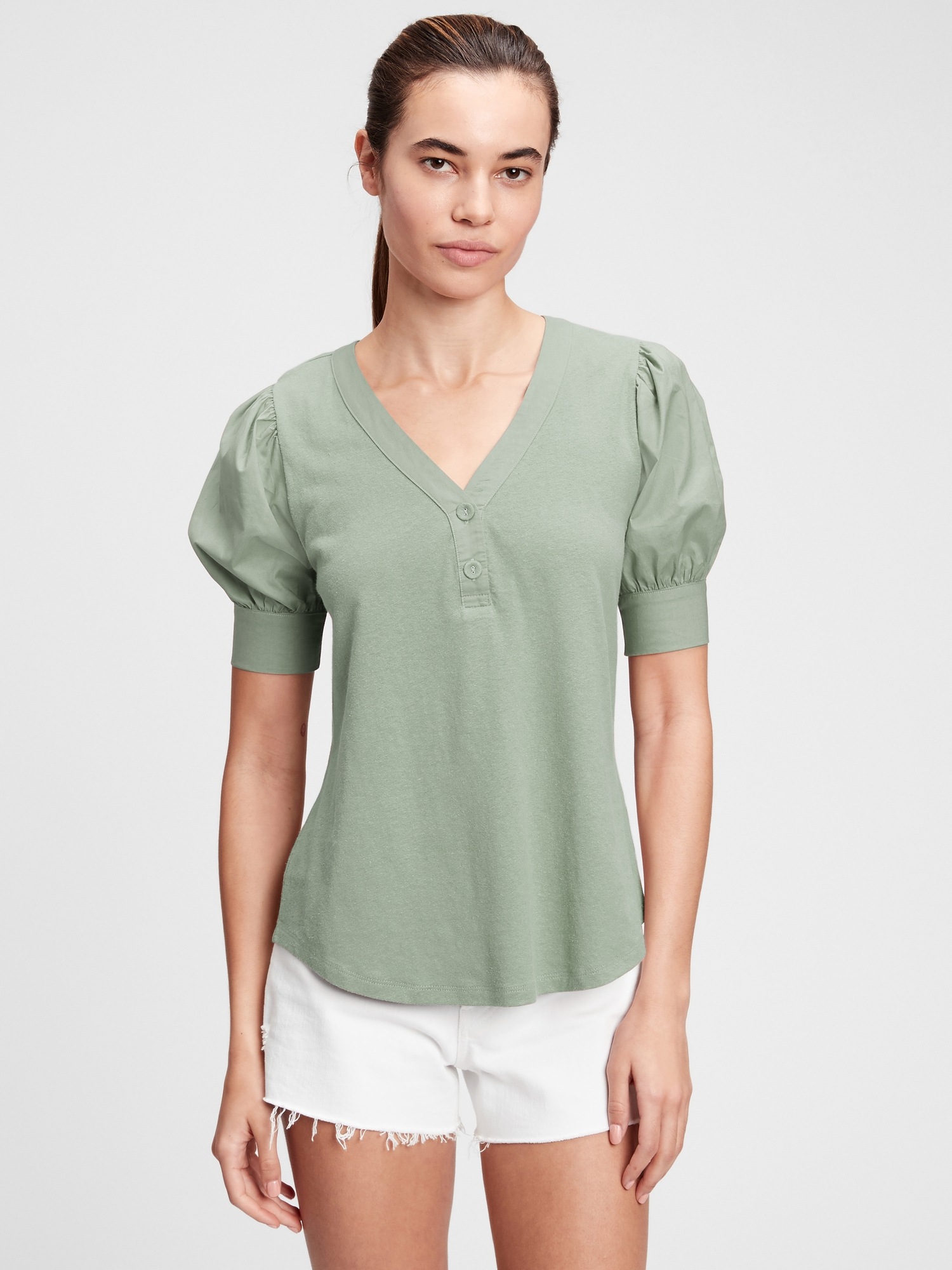 Puff Sleeve Henley Top Gap
