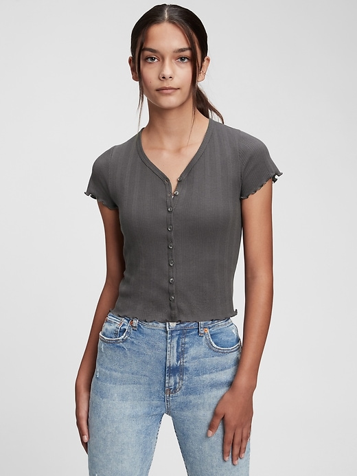 Image number 3 showing, Teen Pointelle V-Neck Button-Front T-Shirt